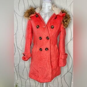 🌷 Toucino 🌷 Coral Orange Wool Fur Trim Hooded Dress Coat